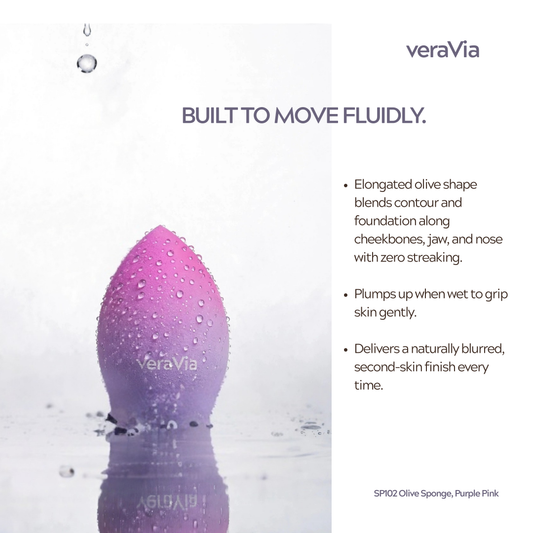 veraVia Hydrophilic Makeup Sponge | Olive Slanted, Purple Pink oval shape, vegan and cruelty-free