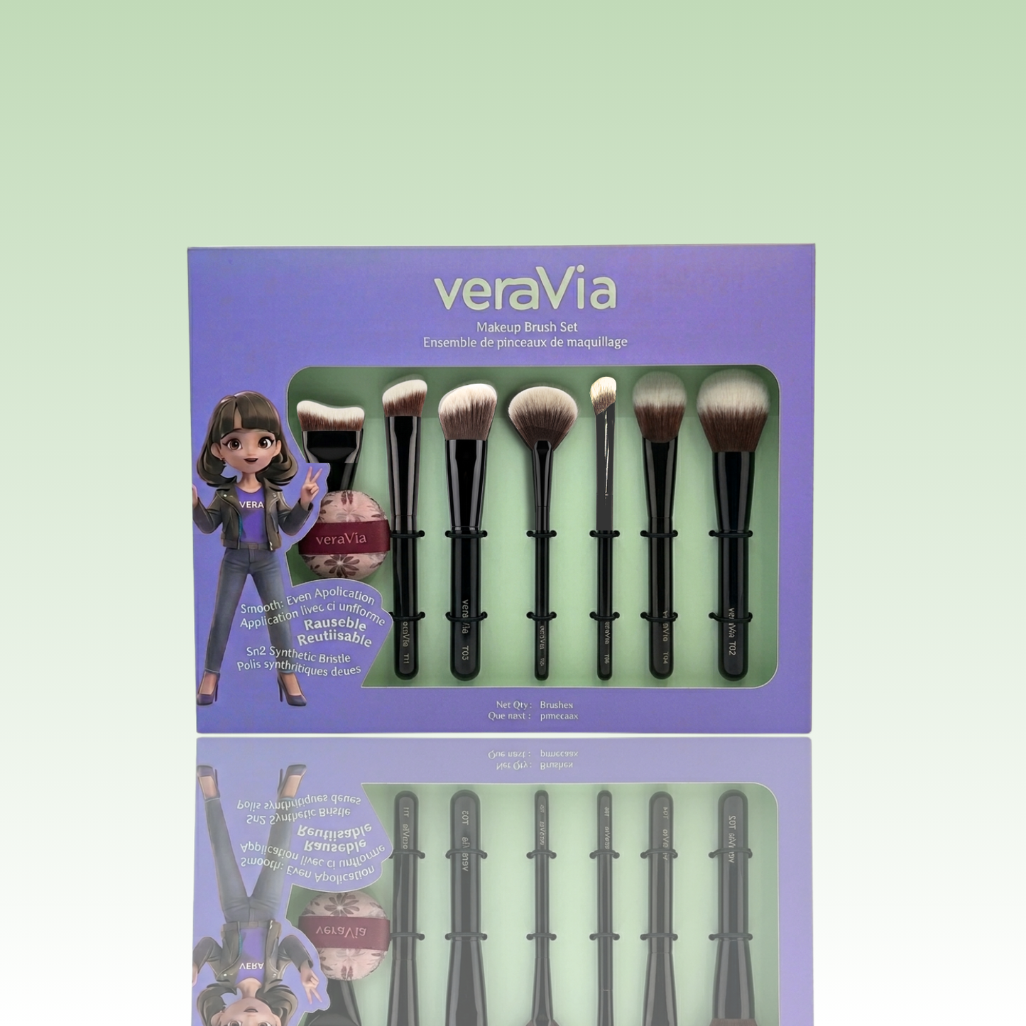 veraVia LumiFlawless 8pc brush kit inside premium green retail packaging box
