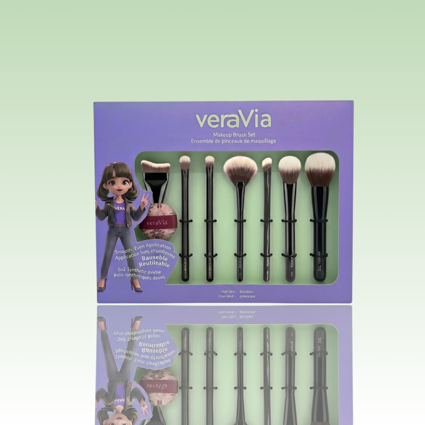 veraVia Naturlux 8pc brush kit inside premium green retail packaging box with cartoon doll
