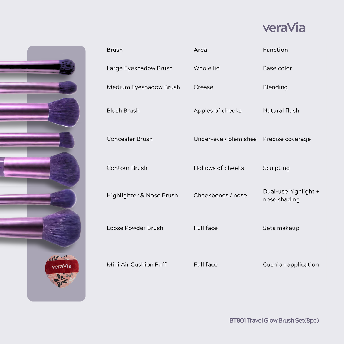 Travel Glow Vegan Brush Set  + Mini Puff(8pc)