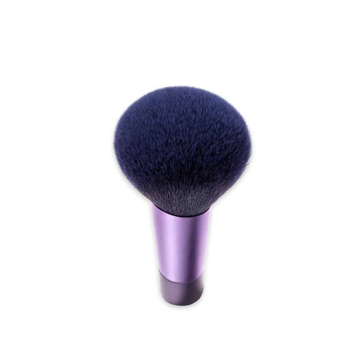 Single powder brush close-up, travel makeup brush.
Front close-up of a large round powder brush with a full, fluffy navy blue bristle dome and short two-tone purple metallic handle, on white background

