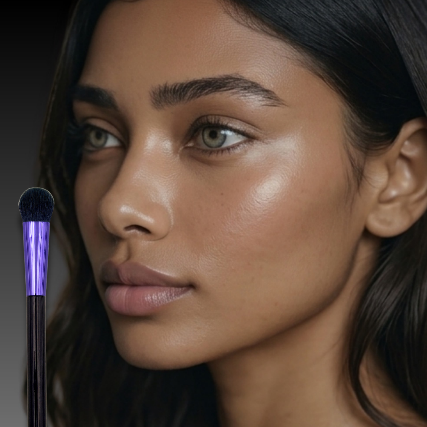 close up of professional model with glowing skin using veraVia amethyst concealer brush