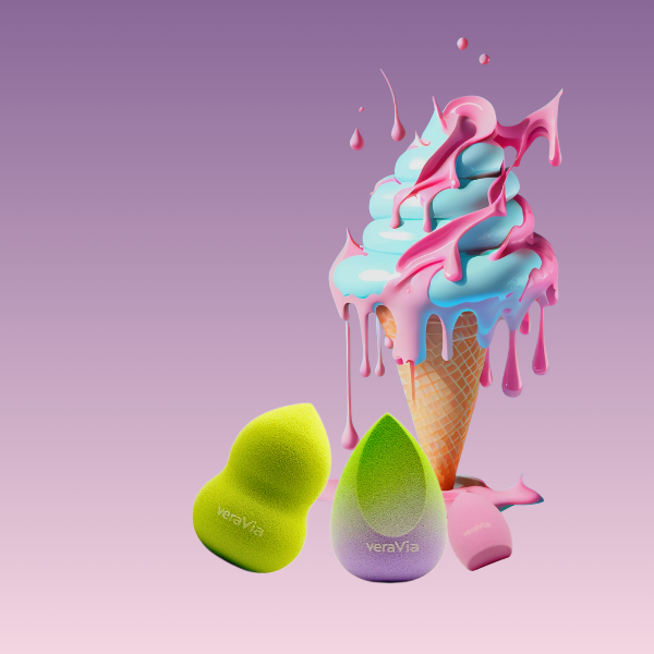 creative cosmetics art of veraVia beauty sponges on a sweet ice cream cone background