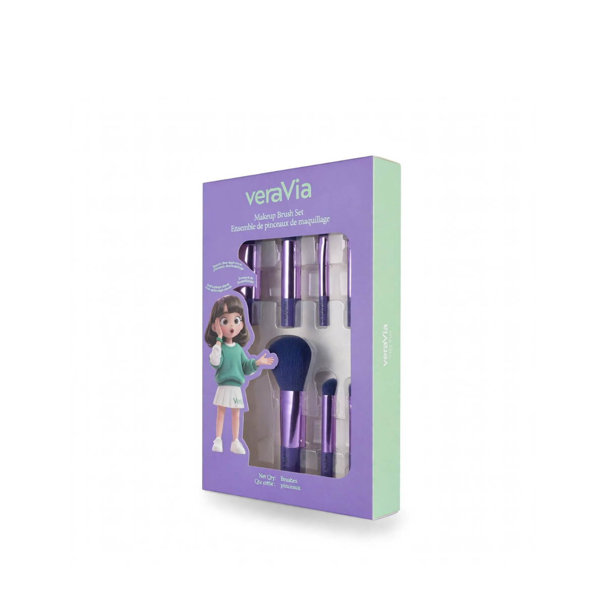 veraVia Makeup Brush Set in purple retail box with clear window showing brushes and illustrated girl character, angled three-quarter view on white background