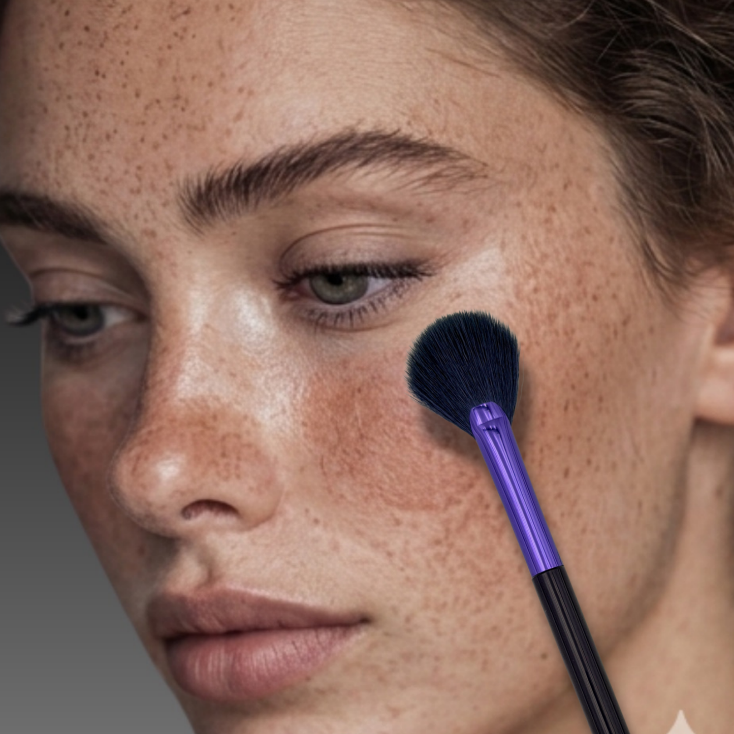 professional model cheekbone illumination application with veraVia amethyst fan brush