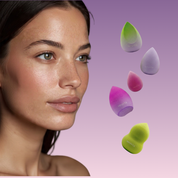 professional model face makeup application with veraVia flawless blending sponges