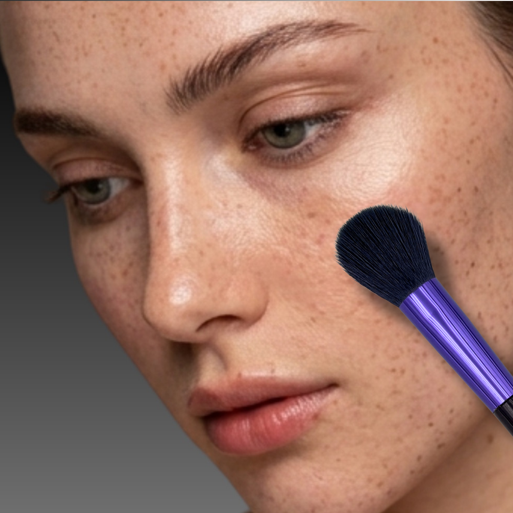 professional model natural flush application on cheeks with veraVia amethyst blush brush
