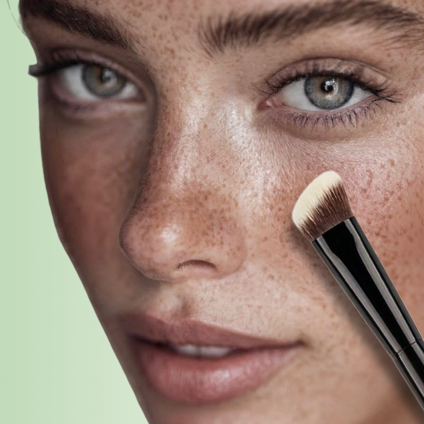 professional model natural freckled skin application with veraVia 4pc cosmetics brush kit