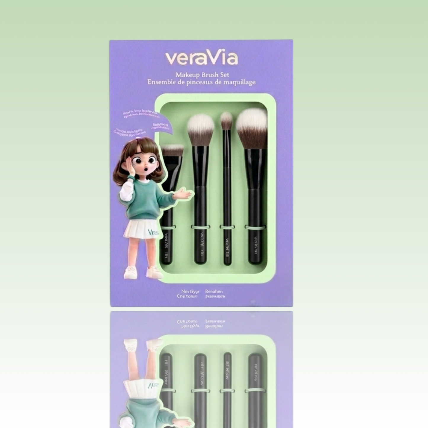veraVia Allure Essential 4pc brush set inside premium green retail box with cartoon doll