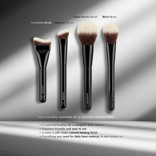 veraVia Canada LumiBase 4 piece makeup brush set infographic with labeled names on premium shadow background