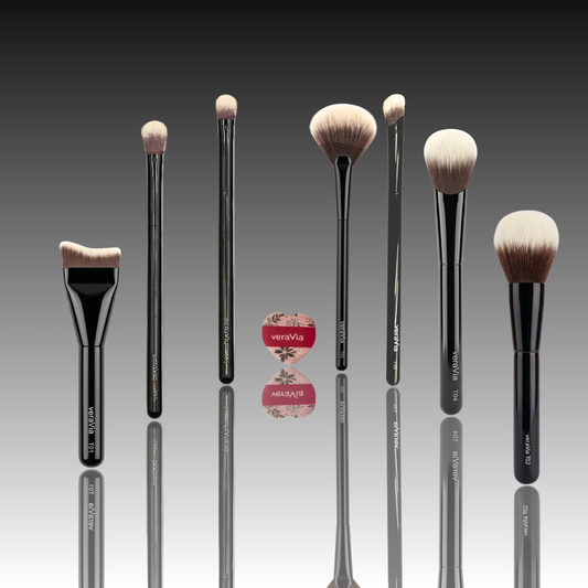 veraVia Canada Naturlux 8 piece vegan makeup brush set with mini red cushion puff
