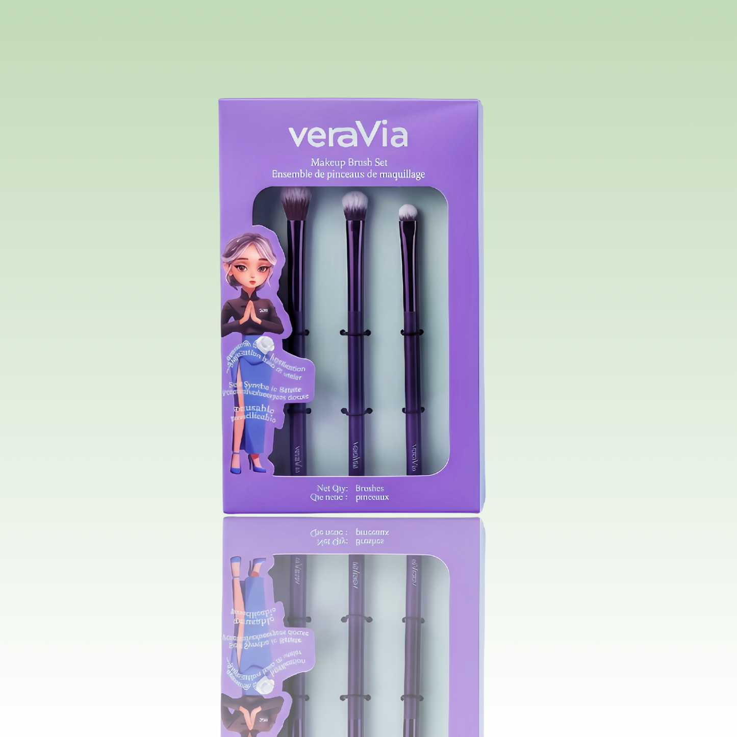 veraVia EyeEssence 3pc eye brush kit inside premium green retail packaging box