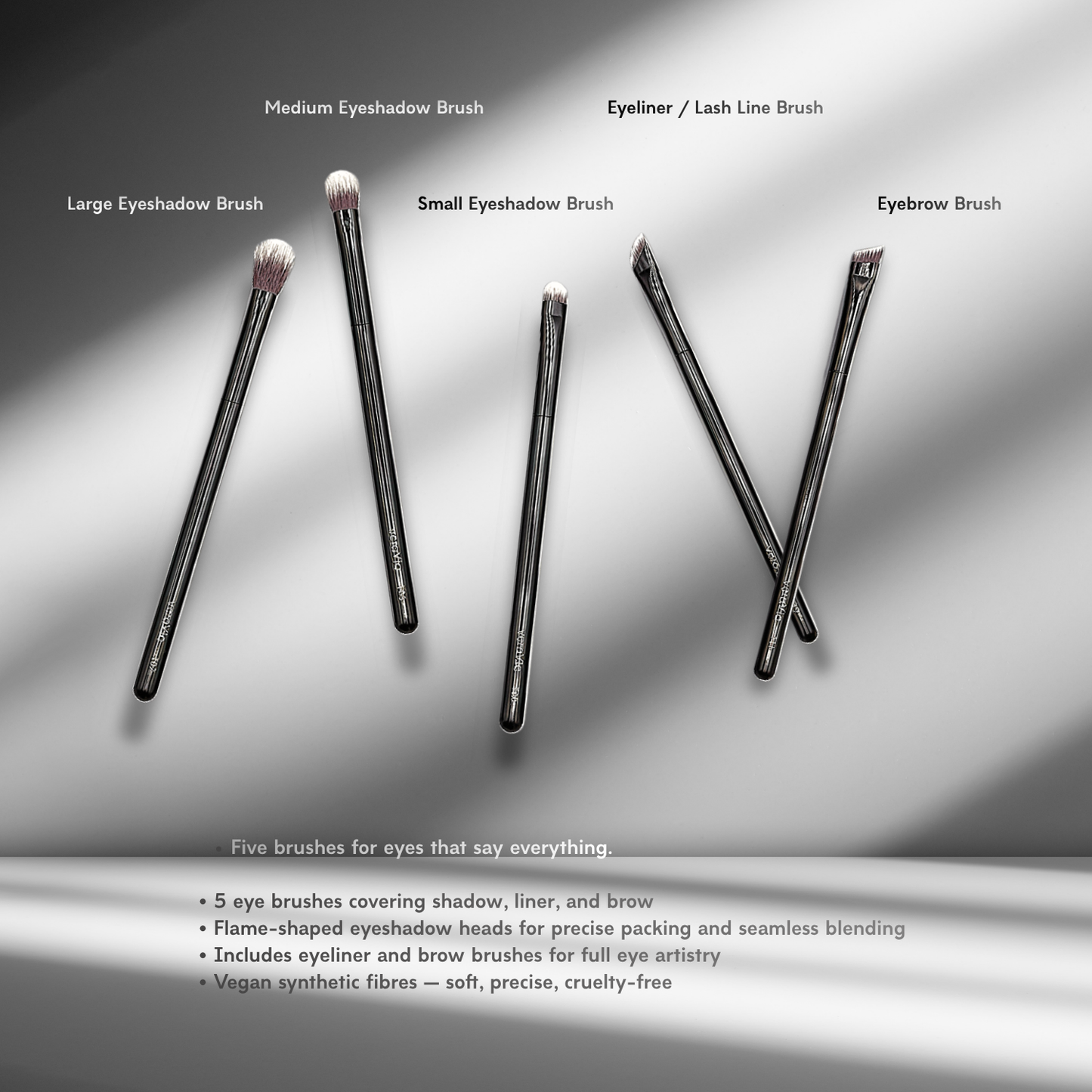 veraVia EyeLuxe 5 piece eye makeup brush set infographic with labeled names on premium shadow background