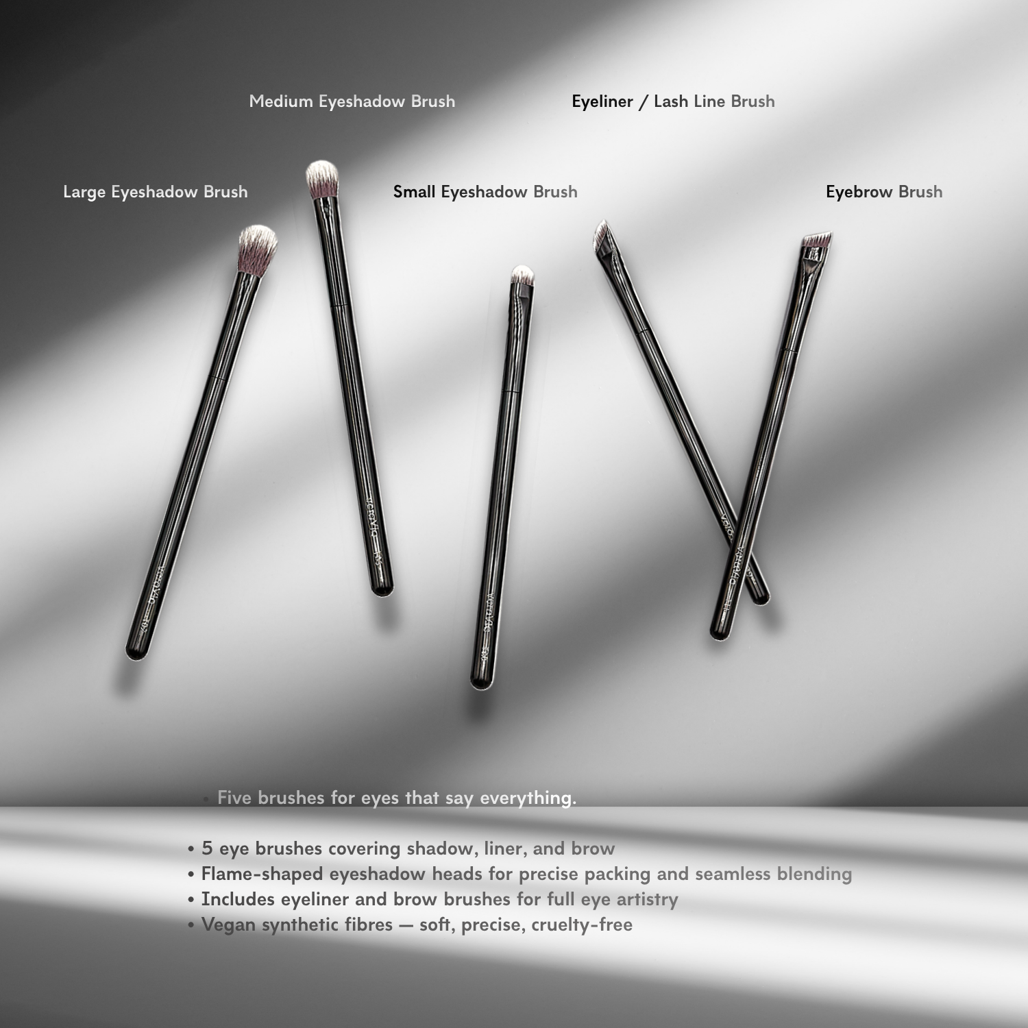 veraVia EyeLuxe 5 piece eye makeup brush set infographic with labeled names on premium shadow background
