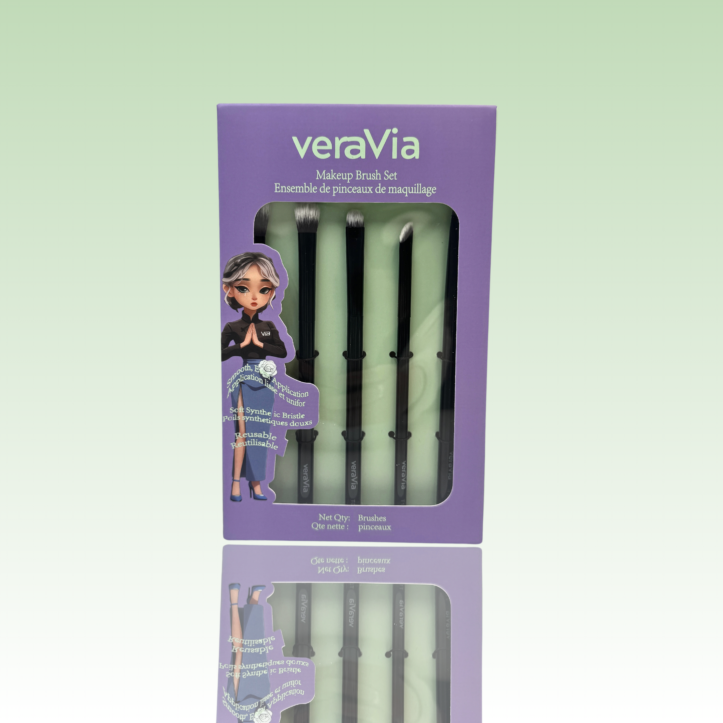 veraVia EyeLuxe 5pc eye brush kit inside premium green retail packaging box with cartoon doll