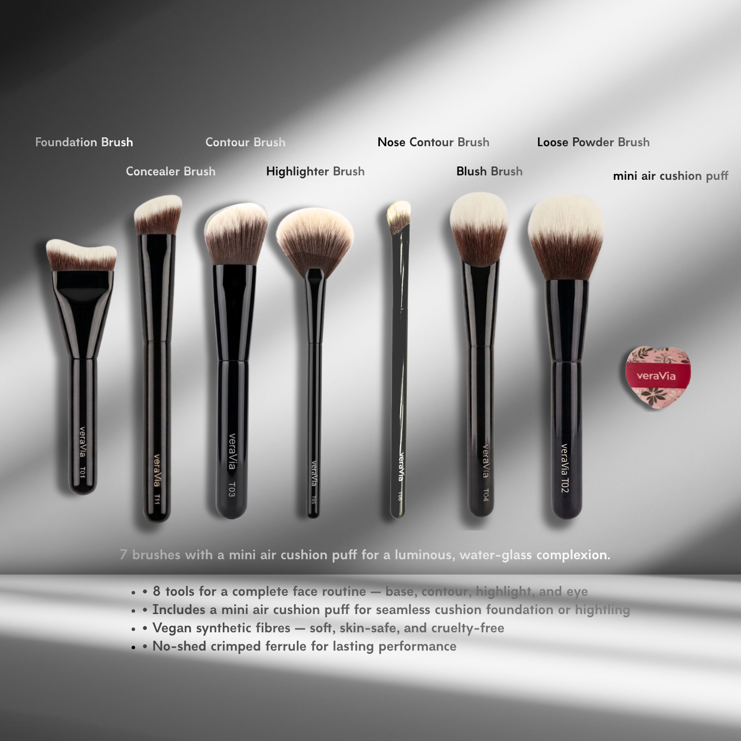 veraVia LumiFlawless 8 piece makeup brush set infographic with labeled names and mini heart cushion puff