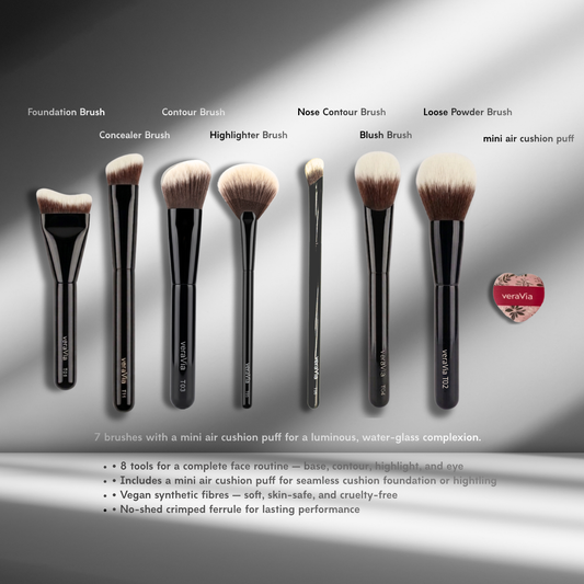 veraVia LumiFlawless 8 piece makeup brush set infographic with labeled names and mini heart cushion puff