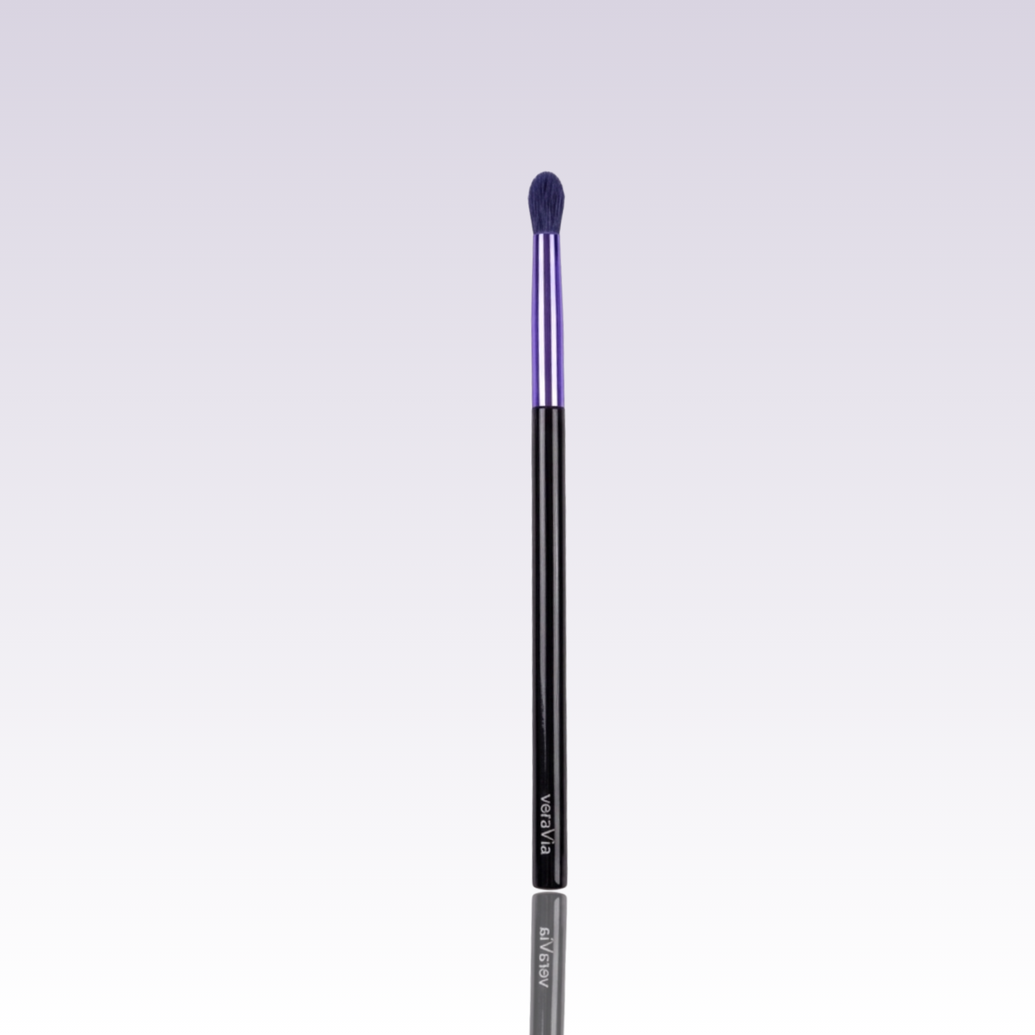 veraVia amethyst eyeshadow makeup brush with premium purple bristle and mirror reflection