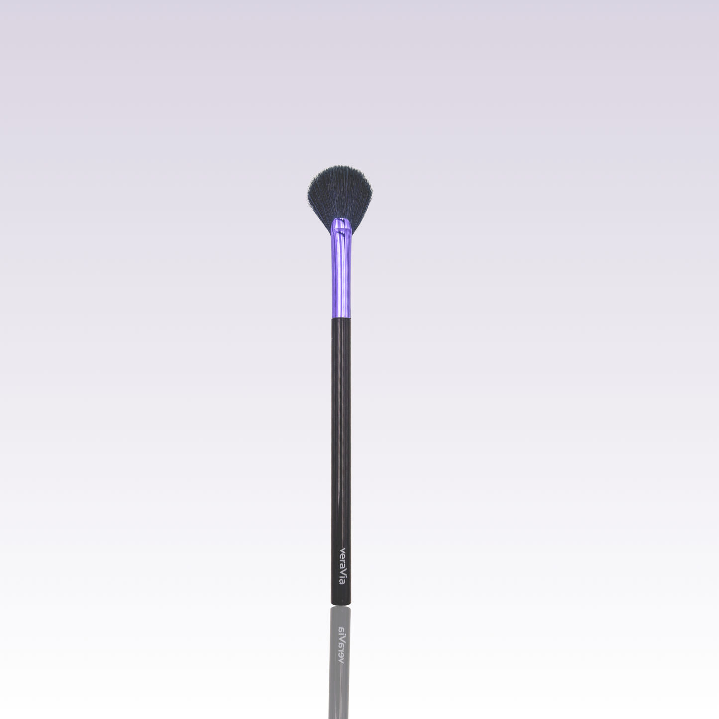 veraVia amethyst highlighter makeup brush with premium purple bristle and mirror reflection