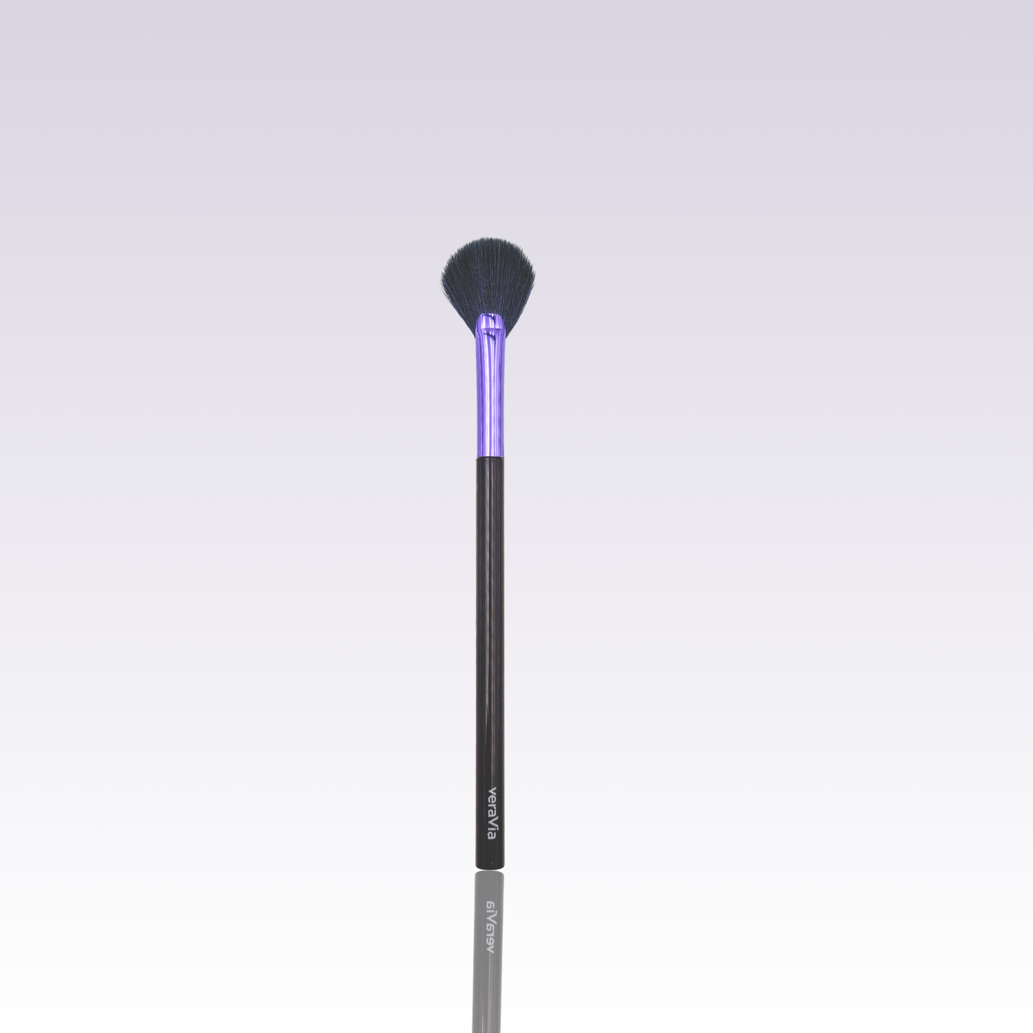 veraVia amethyst highlighter makeup brush with premium purple bristle and mirror reflection