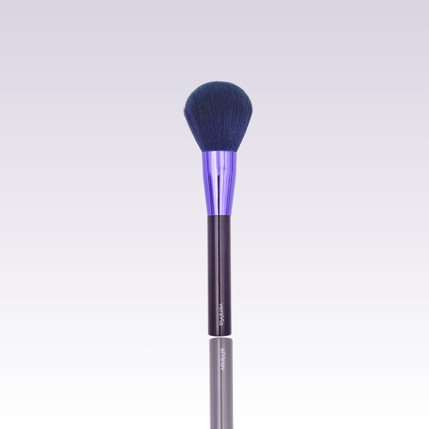 veraVia amethyst loose powder makeup brush with premium purple bristle and mirror reflection
