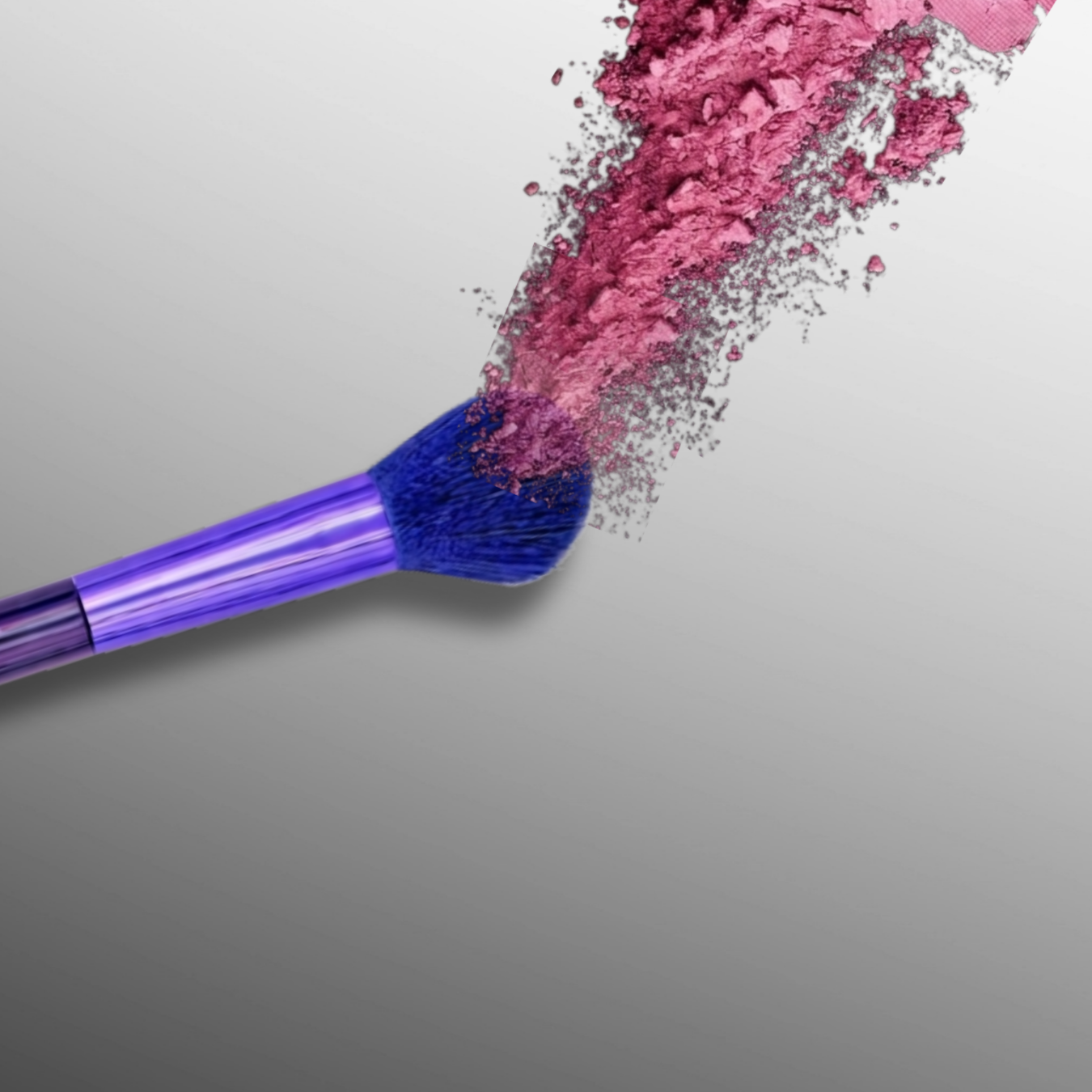 veraVia angled blush brush exploding through a splash of vibrant pink cosmetics powder