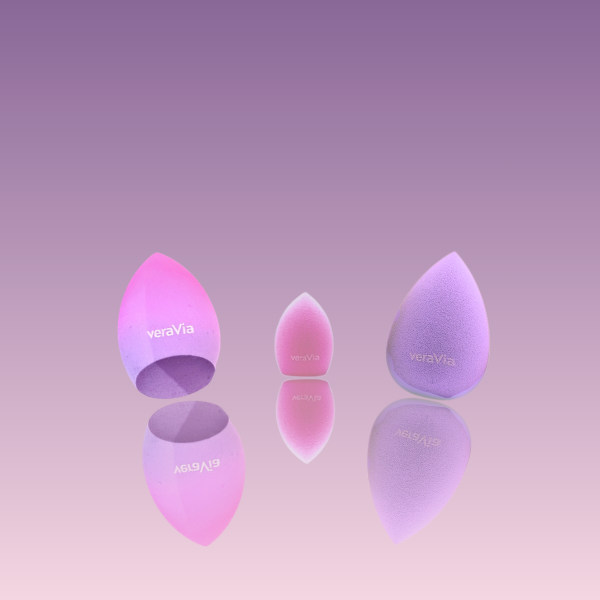 veraVia aurora trio 3pcs makeup sponge set with pastel purple and pink beauty blenders