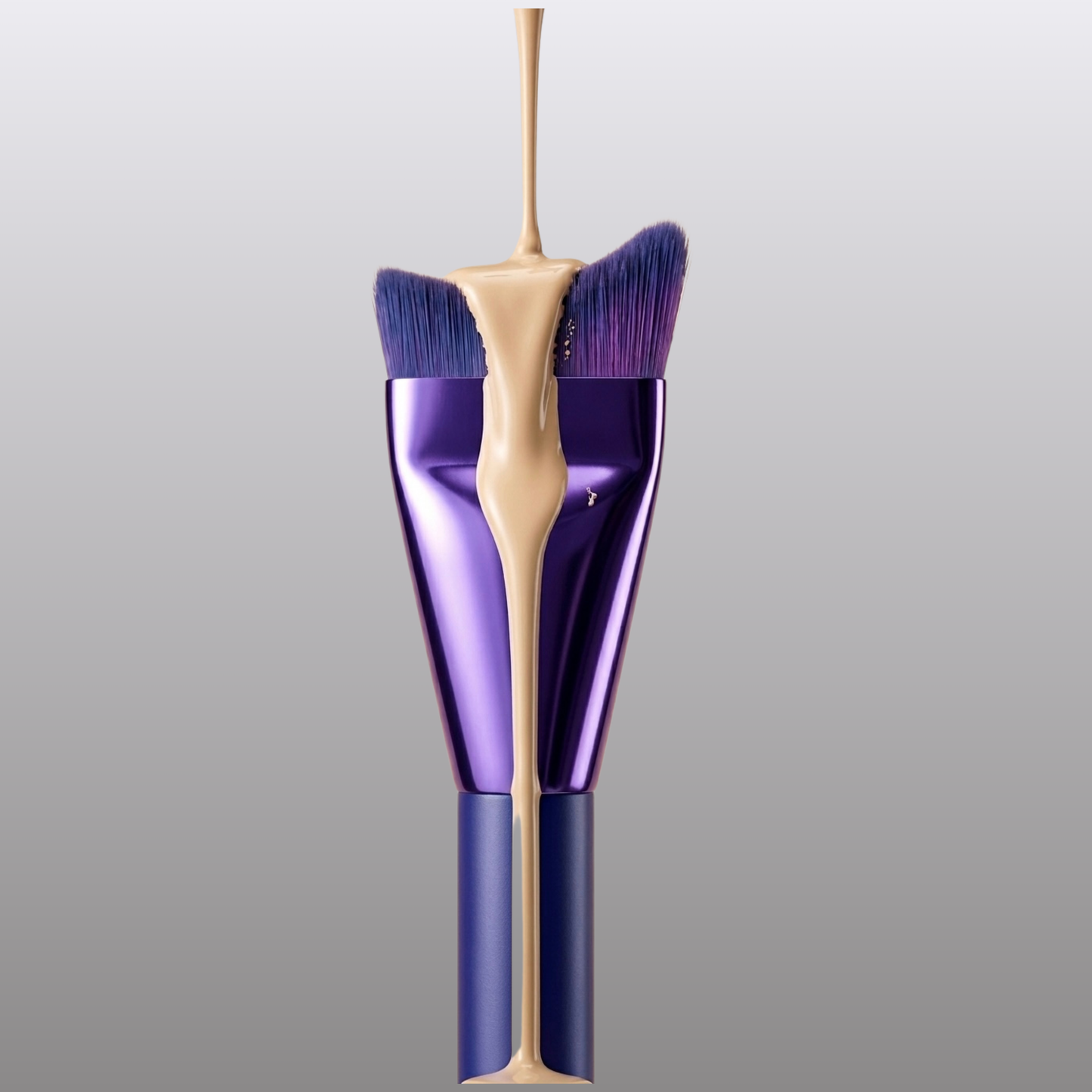 veraVia crescent foundation brush with silky liquid foundation pouring over the curved bristle