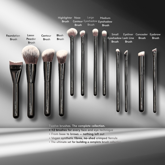 veraVia flawless all 12 piece professional makeup brush set infographic with labeled names