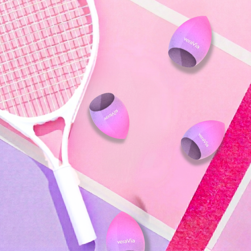veraVia gradient cosmetics sponges styled with a pink tennis racket