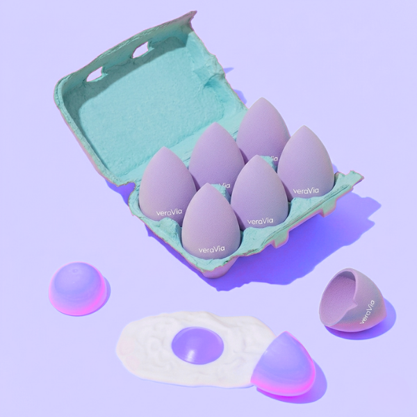 veraVia lavender beauty blenders uniquely packaged inside a blue egg carton box