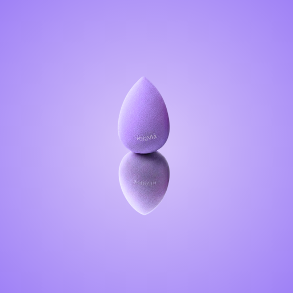 veraVia lavender teardrop makeup sponge with elegant mirror reflection