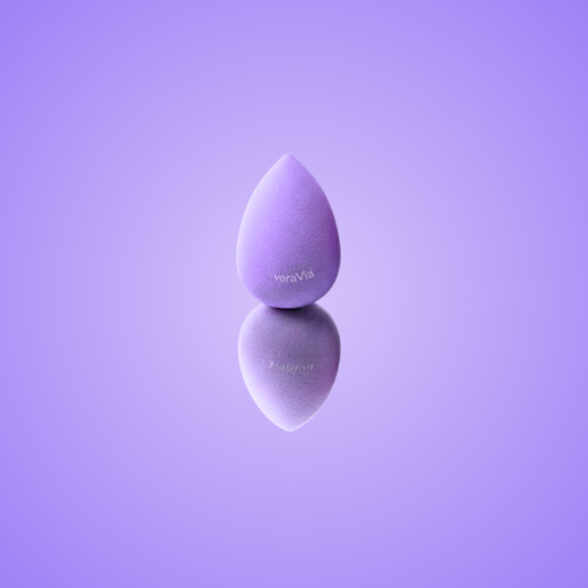 veraVia lavender teardrop makeup sponge with elegant mirror reflection