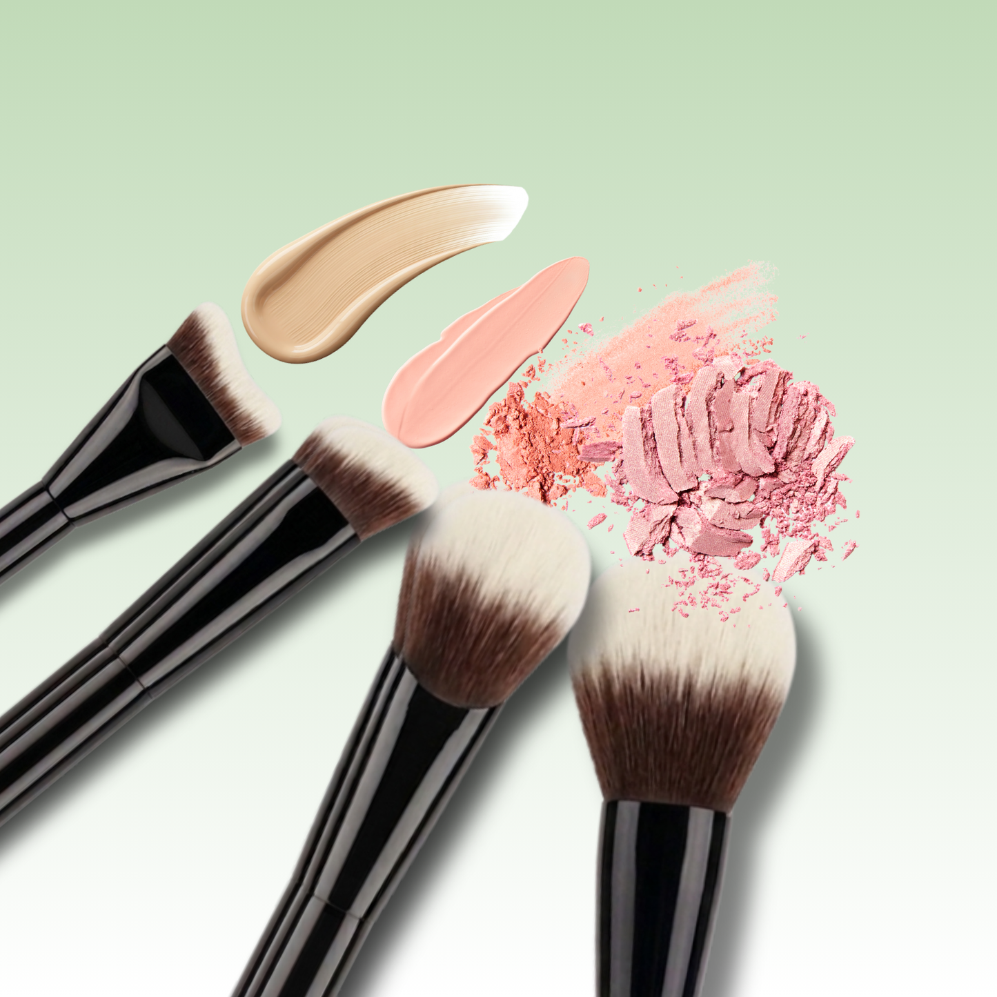 veraVia makeup brushes styled with textured liquid foundation and pink cosmetics powder