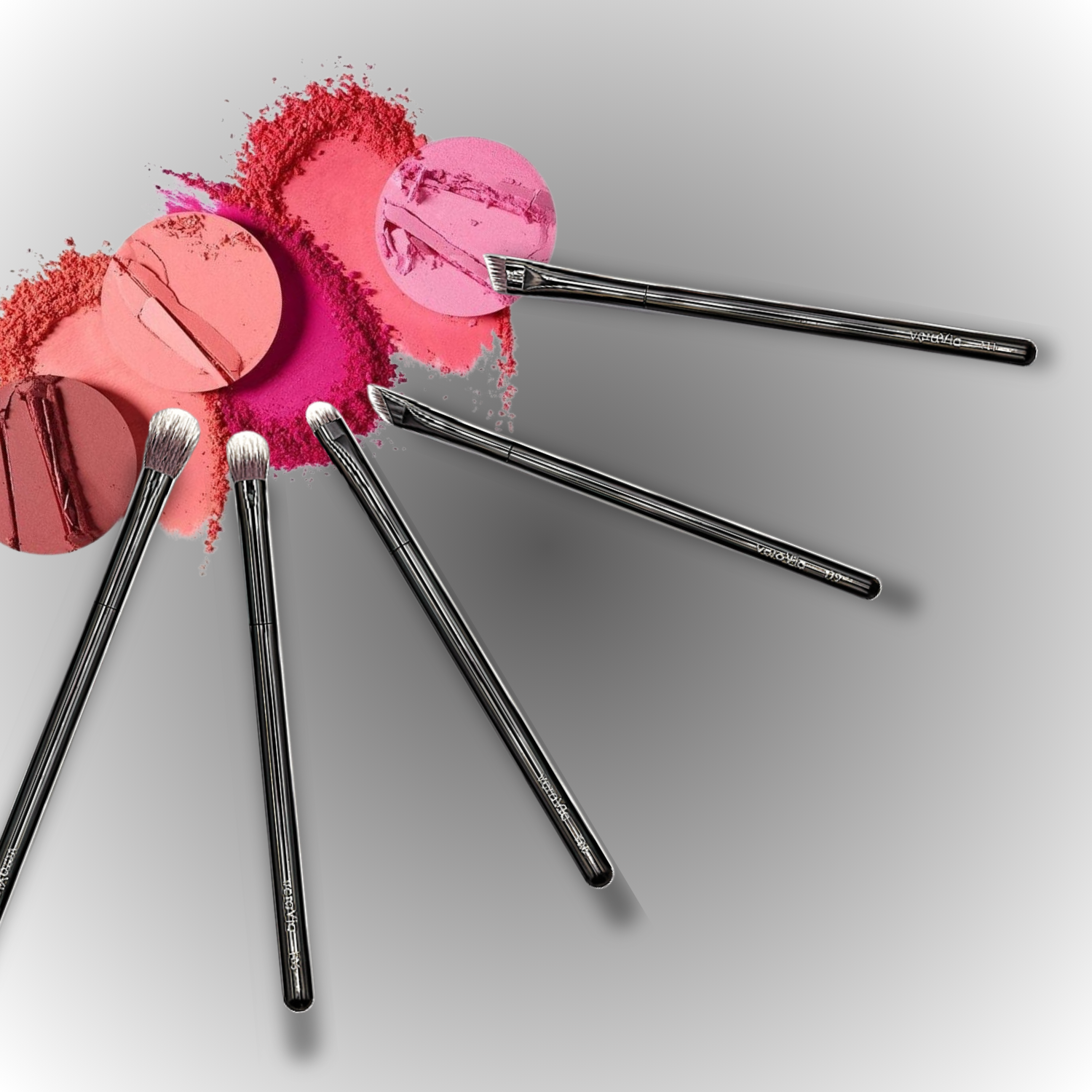 veraVia precision eye brushes styled over vibrant pink cosmetics smudge streaks