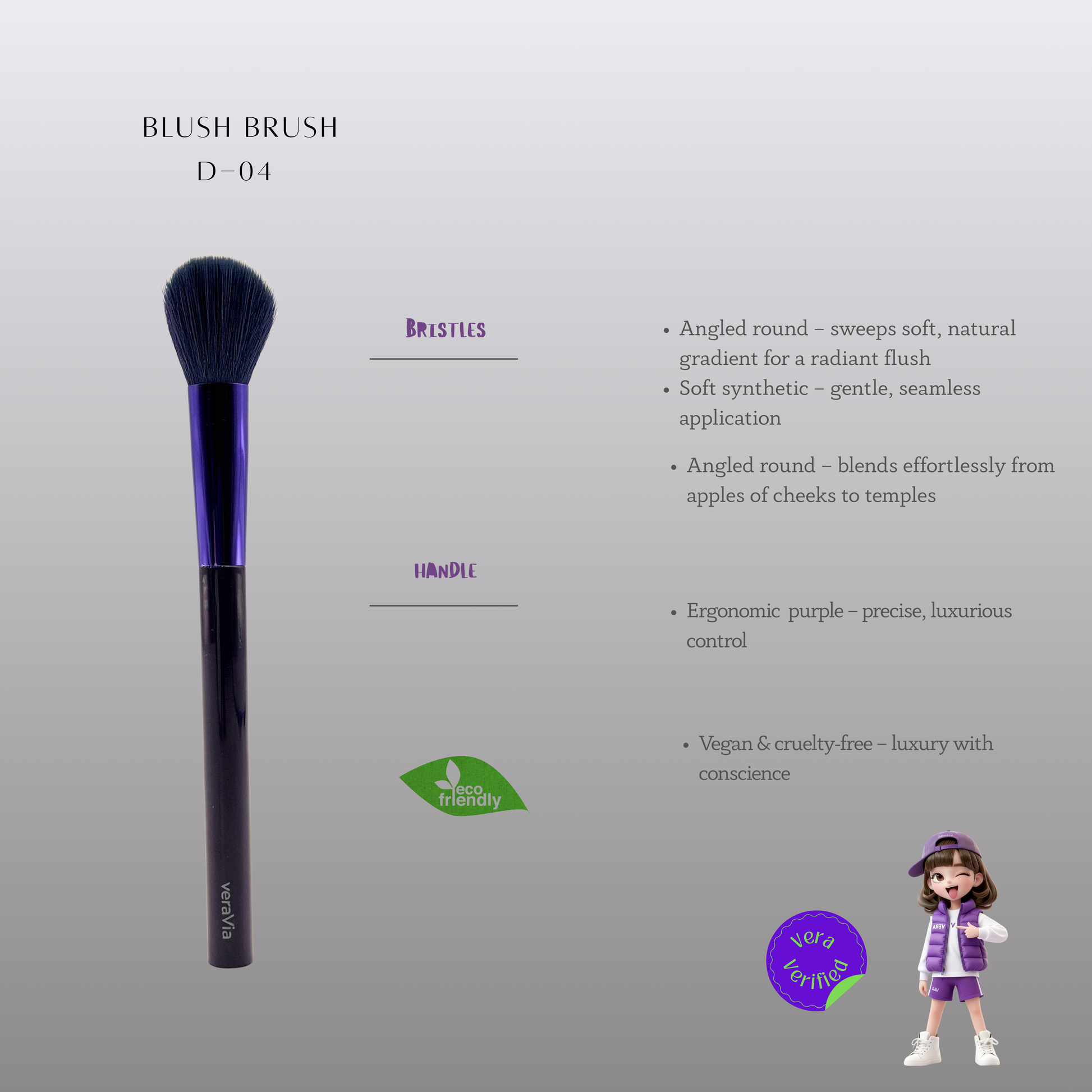 veraVia premium amethyst blush makeup brush product specs infographic with cartoon character doll