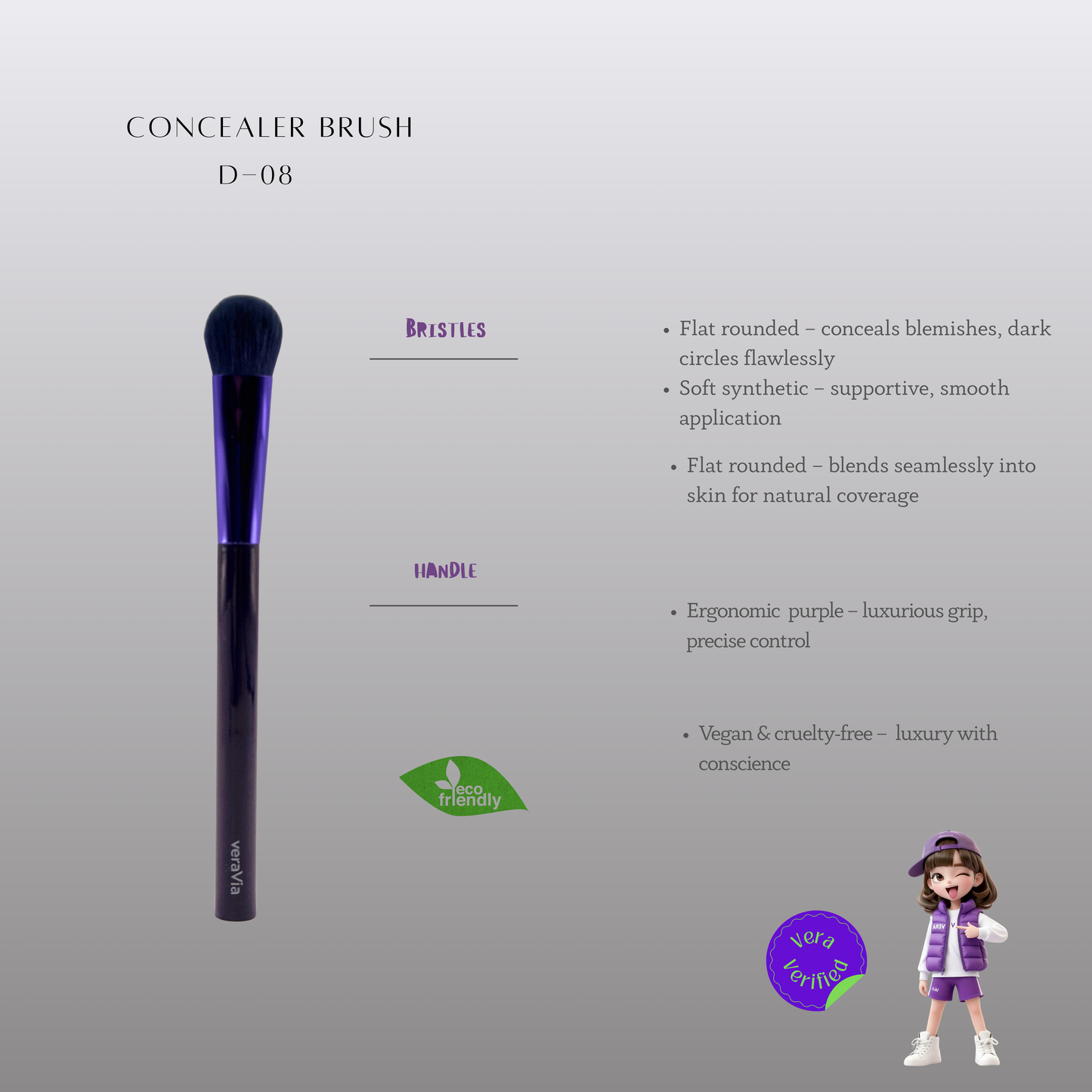 veraVia premium amethyst concealer brush product features infographic with cartoon character doll