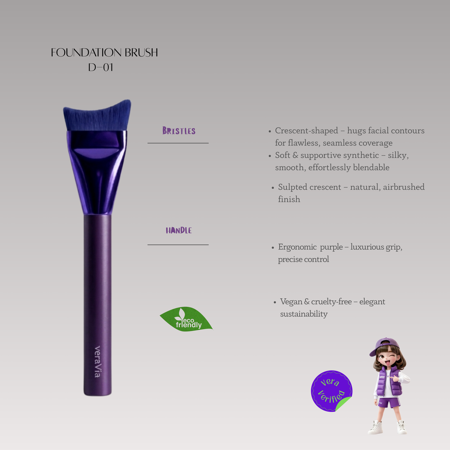 veraVia premium amethyst crescent foundation brush product specs infographic with cartoon character doll