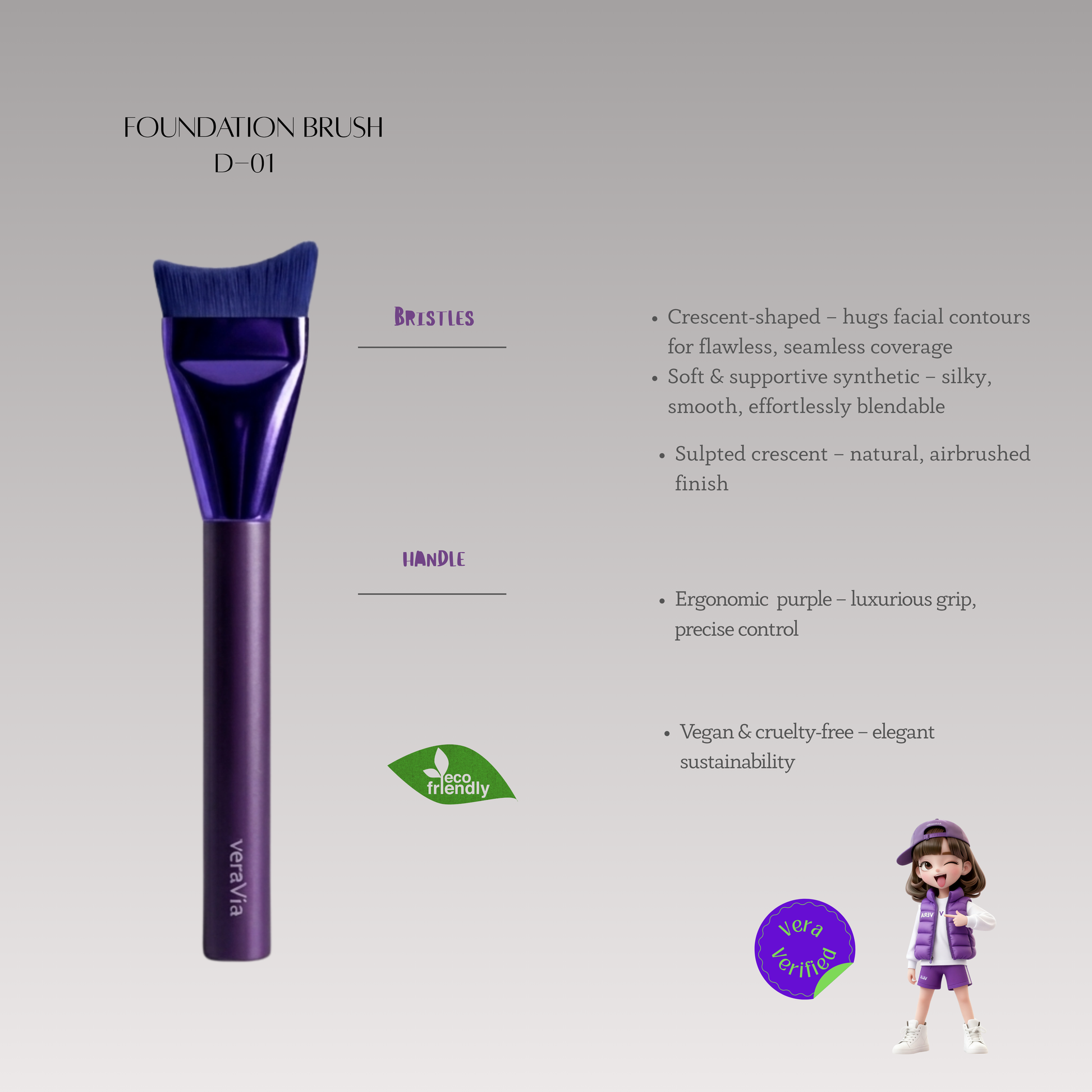 veraVia premium amethyst crescent foundation brush product specs infographic with cartoon character doll