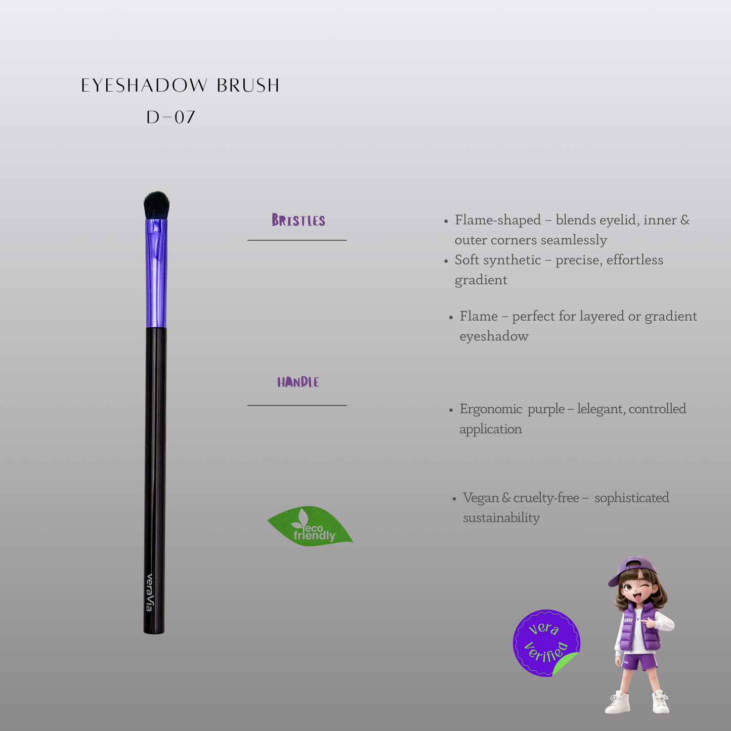 veraVia premium amethyst eyeshadow brush product specs infographic with cartoon character doll