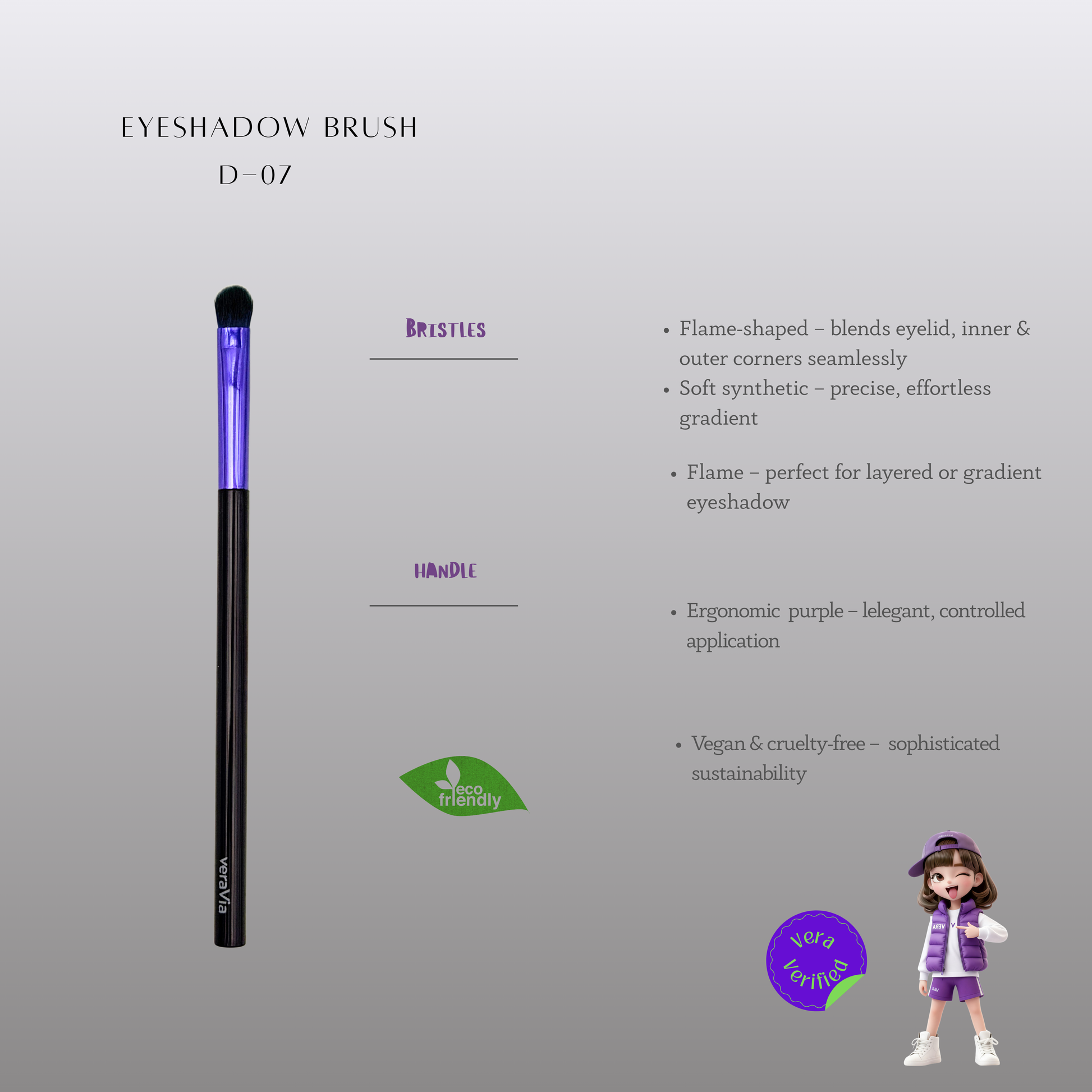 veraVia premium amethyst eyeshadow brush product specs infographic with cartoon character doll