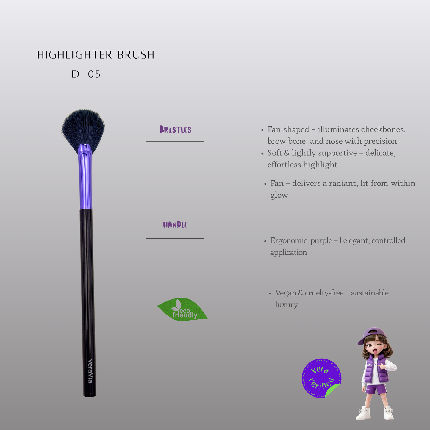 veraVia premium amethyst fan highlighter brush product features infographic with cartoon character doll