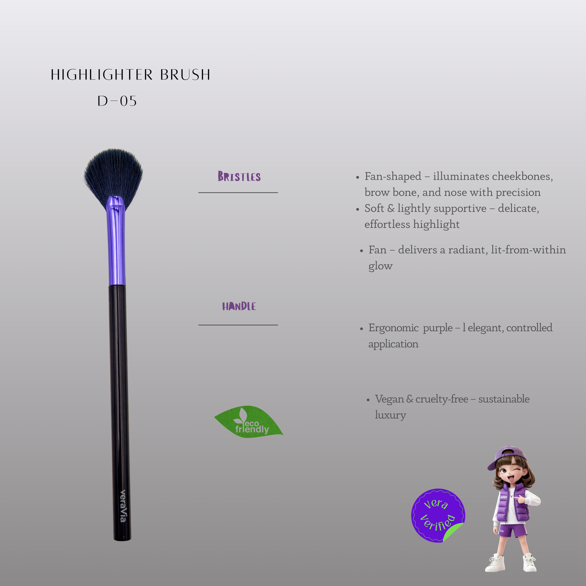 veraVia premium amethyst fan highlighter brush product features infographic with cartoon character doll