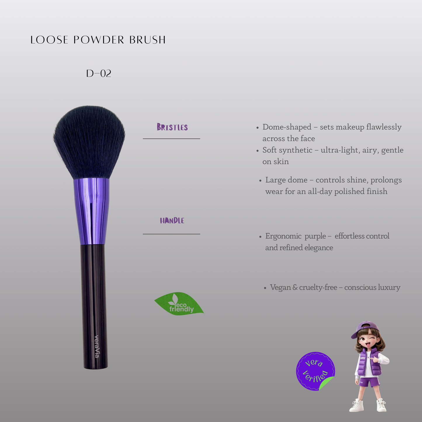 veraVia premium amethyst loose powder brush product features infographic with cartoon character doll