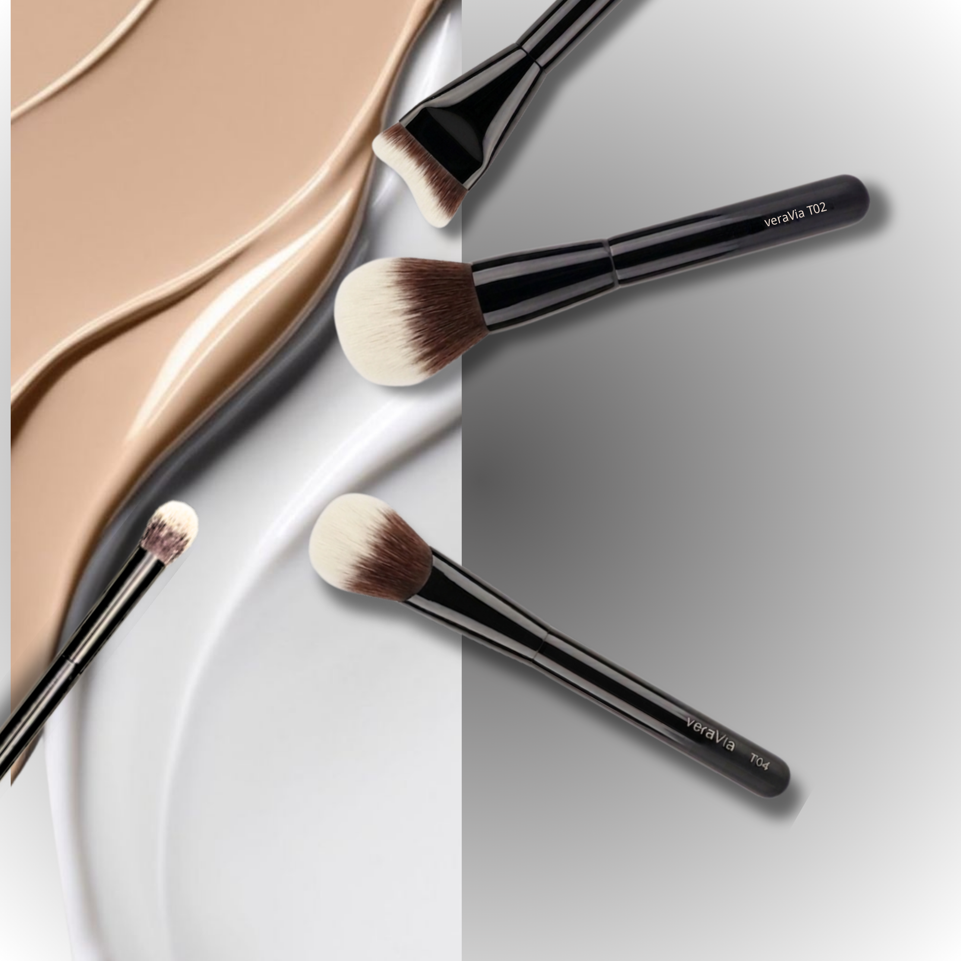 veraVia premium foundation brush styled over smooth textured liquid foundation cream