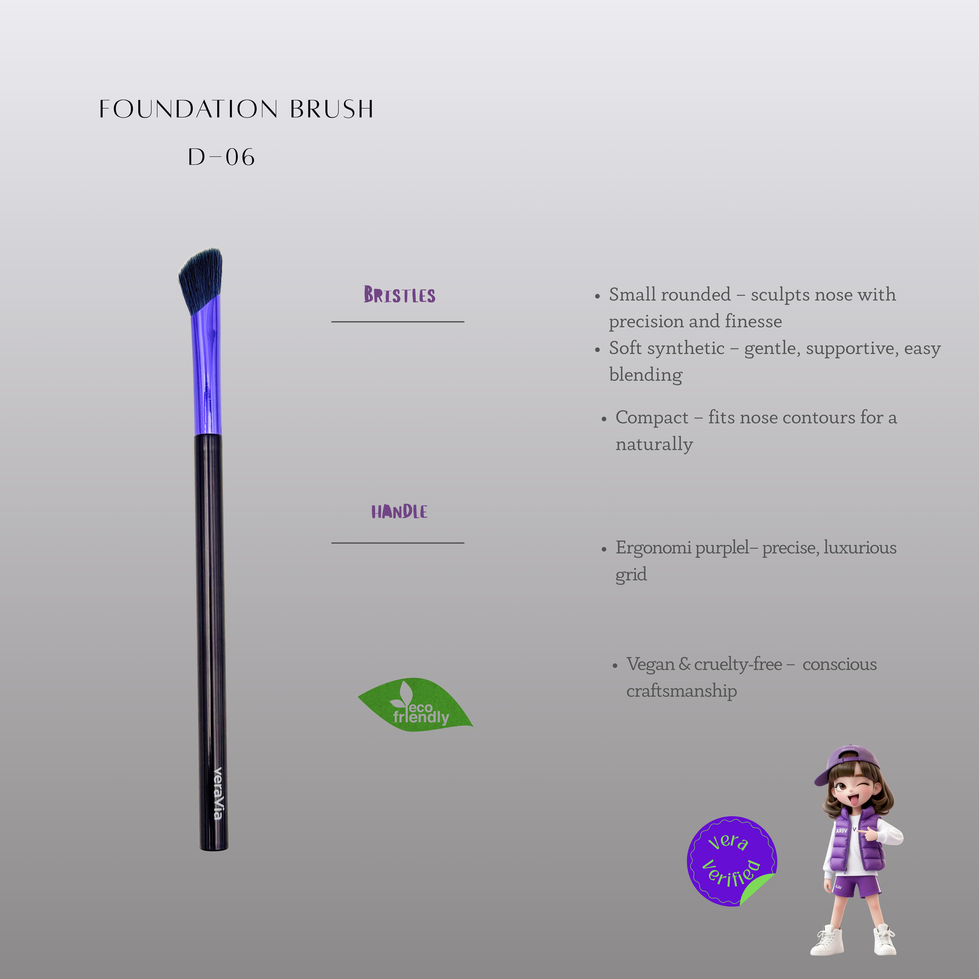 veraVia premium professional foundation brush product specs infographic with cartoon character doll