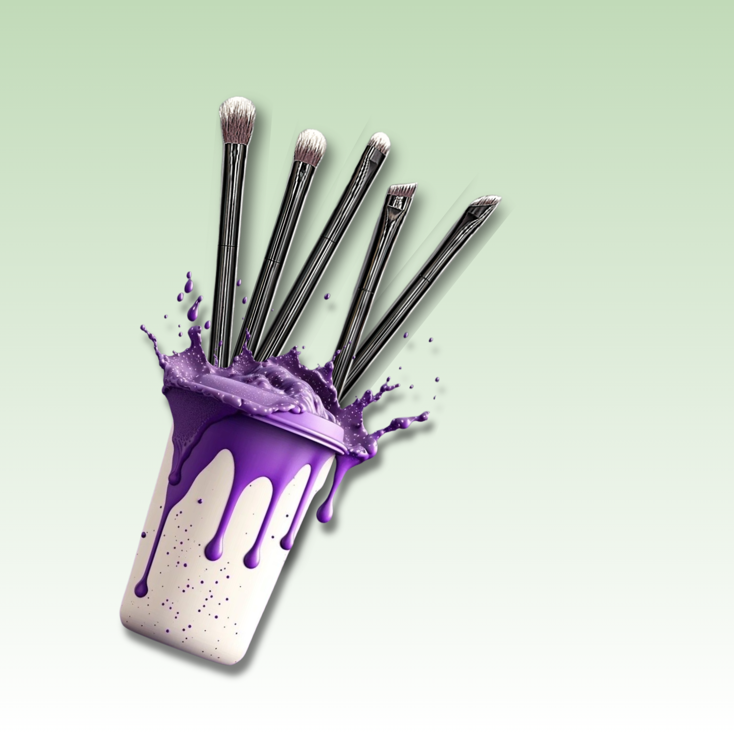 veraVia professional eye brush kit styled inside a cup with dripping purple foundation liquid paint