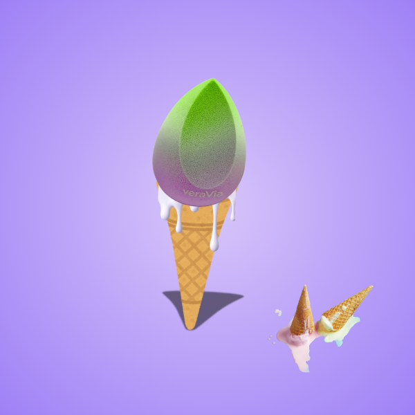 veraVia purple green cosmetic sponge styled on an upside down ice cream cone