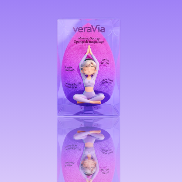 veraVia purple pink gradient olive sponge inside clear packaging box with yoga doll model